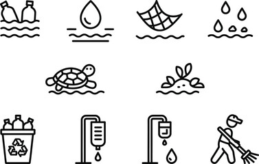 Isolated Black Outline Icons Set Depicting Pollution and Its Negative Impacts