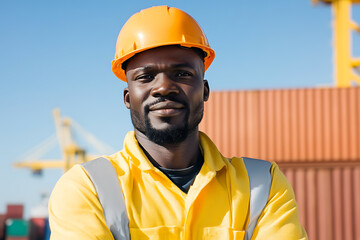Portrait of dock worker wearing safety gear, including a hard hat and hi-vis jacket. Cranes and shipping containers in the background. Bright day.
