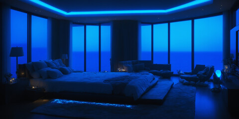 Luxury Bedroom with Blue Ambient Lighting and Oceanfront Views at Night