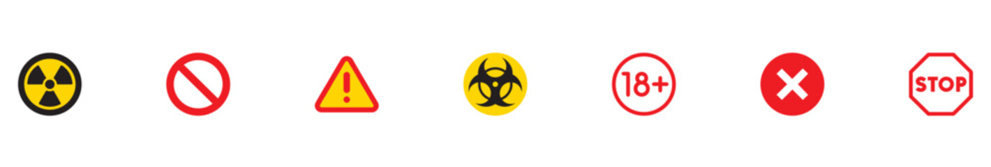 Warning sign icon set. Age limit, biohazard, radiation, stop sign, prohibition, forbidden, cross symbol. Vector illustration.