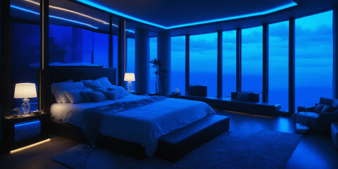 Luxury Bedroom with Blue Ambient Lighting and Oceanfront Views at Night