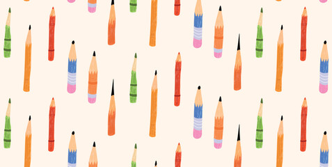 Seamless Pattern for Back to School Concept with Hand Drawn Colorful Pencils. Artistic Stationery Elements. Vector Illustration for Posters, Banners, Promo, Educational Materials