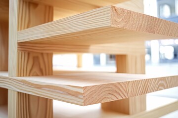 A close-up of a carpenter assembling a wooden shelf in a furniture shop workshop, attention to craftsmanship, clean and professional composition, copy space, stock photography