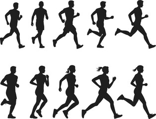 Silhouette of male and female runners jogging and sprinting in different running poses, athletic fitness, healthy lifestyle concept