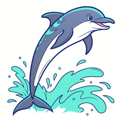 Happy dolphin jumping out of a blue wave, isolated on white background