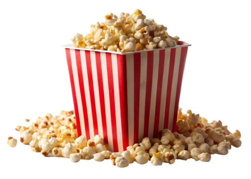 Photo of a bucket of popcorn with scattered kernels, isolated on a transparent background