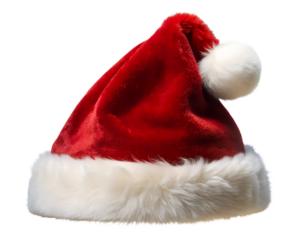 Photo of a red santa hat with white trim, isolated on a transparent background