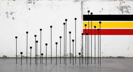 Abstract geometric composition with black lines and the colors of the german flag on a textured wall creates a modern art piece