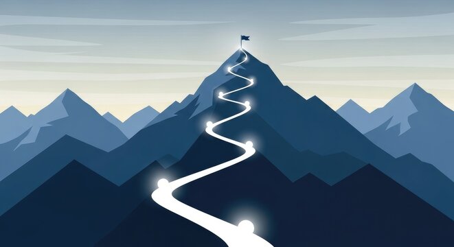 A winding path leads to the summit of a mountain representing the journey to achieve goals and overcome challenges