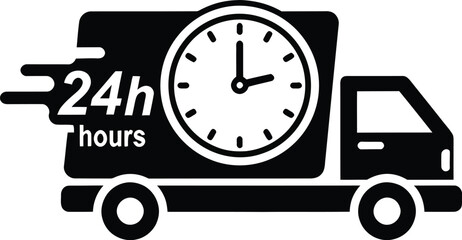 Delivery truck icon with a clock face showing 24 hours, symbolizing fast, round-the-clock service and express shipping.