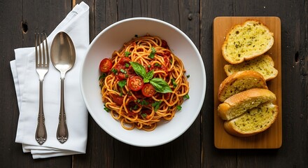 A delicious plate of spaghetti with a rich tomato sauce, garnished with fresh basil and cherry tomatoes, served with garlic bread on a wooden board.