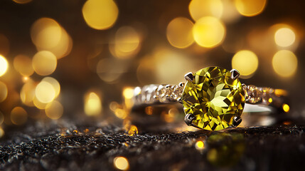 Soft-focus background highlighting vivid chrysoberyl ring with bokeh lights 