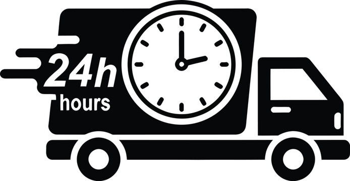 Delivery truck icon with a clock face showing 24 hours, symbolizing fast, round-the-clock service and express shipping.