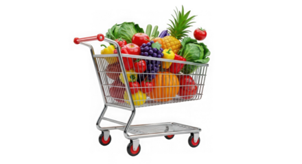 Ai generated image of shopping cart full of fresh groceries isolated on transparent background