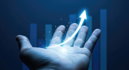Hand reaching for a growing arrow representing business growth and financial success