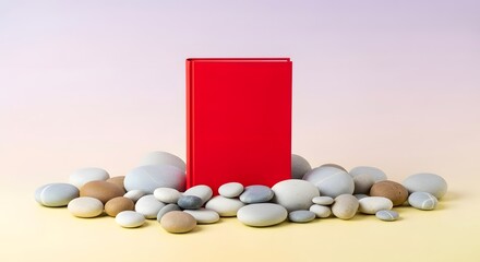 Red book standing upright surrounded by smooth stones on surface