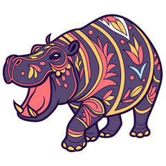 Fototapeta premium Decorative hippopotamus with colorful tribal patterns isolated on white background