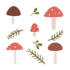Autumn mushrooms set with forest branches