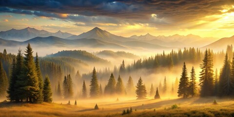 Fototapeta premium Golden Sunrise Illuminates Misty Mountain Valley, Enveloping Evergreen Forest in Warm Light