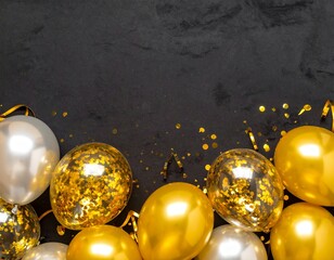 Festive party border of gold and silver balloons, a celebration design concept with copy space on a black background.