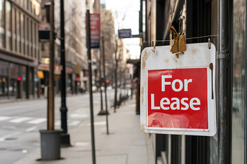 Commercial property available for lease in a downtown area. "For Lease" sign displayed on the front of building ready for business opportunities.