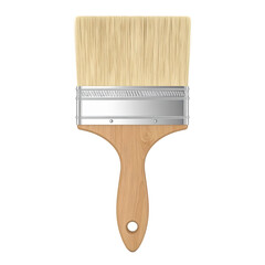 Close-up of a Wide Flat Paintbrush with Natural Bristles, Wooden Handle, and Silver Ferrule for Painting, Decorating, and Artistic Creative Work