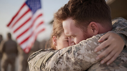 Emotional reunion between a soldier in uniform and a loved one, embraced tightly with a flag in the background. A powerful moment of love and homecoming.