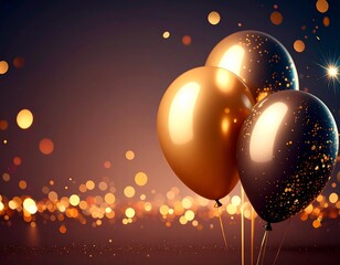 Elegant gold and black balloons for a grand celebration, event code  on a sparkling bokeh background.