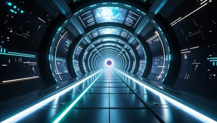 Obraz premium Symmetrical Sci-Fi Corridor Interior with Floating Monolith – Metaverse Background, Poster-Ready Composition, and UI/UX Mockup Use