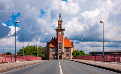Historic port authority building at the entrance of the inland port of Dortmund Germany is a...