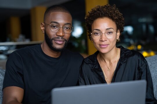 A stylish young couple engages in work at a modern café, showcasing collaboration and productivity in a comfortable atmosphere, perfect for remote work inspiration.