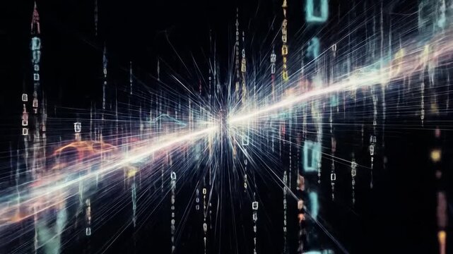 Digital Data Stream: Binary Code Flowing Through Abstract Network Connection