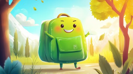 Happy cartoon backpack character on autumn path, mountains background.