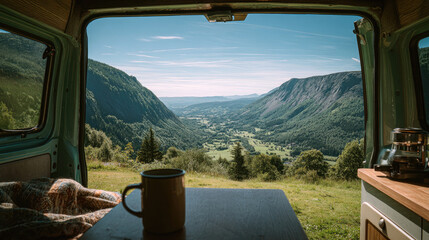 Mountain scenery view from inside a campervan concept. Scenic view from a camper van overlooking a serene valley.