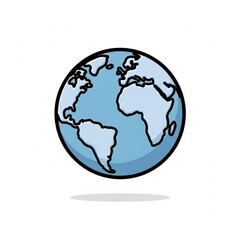 Obraz premium Blue Earth globe icon with black continental outlines showing North America South America Europe Africa in cartoon illustration style with shadow