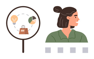 Woman glancing at icons under magnifying glass, including light bulb, pie chart, and shopping bag. Ideal for marketing, analytics, business strategy, e-commerce, creativity innovation simple flat