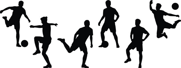 Silhouettes of young male soccer players kicking, dribbling, passing, jumping with ball, athletic moves, sports training, teamwork, dynamic action poses