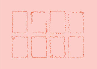 Collection of eight decorative whimsical frames in coquette style on pink background. A4 card size rococo line art borders. Vector hand drawn cute valentine empty set. Bow and ribbon outline clip art