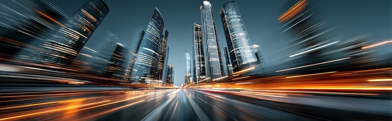 Dynamic urban skyline at night with illuminated skyscrapers and traffic