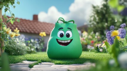 Happy green sack character in a garden.