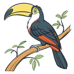 Cartoon toucan bird perched on a tree branch with green leaves