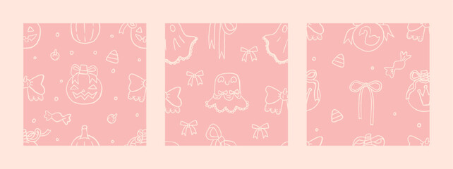 3 Halloween pink coquette vector seamless pattern collection. Cute autumn wallpaper, holiday wrapping paper, scrapbooking, background, textile prints, stationary. Girly coquette Halloween background