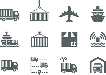 Logistics Icon Set with Truck, Container, Airplane, Ship, Package and Warehouse