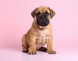 Obraz premium Adorable Bullmastiff Puppy Portrait on Soft Pink and Peach Backgrounds, Generated image