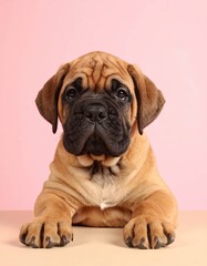 Obraz premium Adorable Bullmastiff Puppy Portrait on Soft Pink and Peach Backgrounds, Generated image
