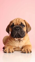 Obraz premium Adorable Bullmastiff Puppy Portrait on Soft Pink and Peach Backgrounds, Generated image