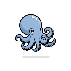 Fototapeta premium Adorable blue cartoon octopus character with eight tentacles and suction cups floating with cute expression and highlight reflection on glossy head