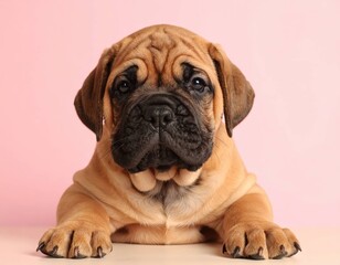 Fototapeta premium Retrato Adorable de un Cachorro de Bullmastiff sobre Fondos Suaves Rosados y Melocotón, Generated image