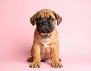 Obraz premium Retrato Adorable de un Cachorro de Bullmastiff sobre Fondos Suaves Rosados y Melocotón, Generated image