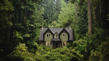 Fototapeta premium A secluded house nestled amidst lush forest greenery.